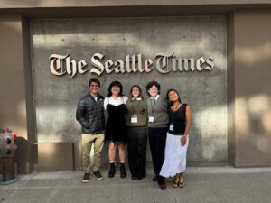 Seattle Times Executive Editor Michele Matassa Flores speaks with Seattle Times Symposium students on the last day. Dozens of journalism students gathered for the symposium in April to learn, practice, and network while embedded in the Seattle Times newsroom.