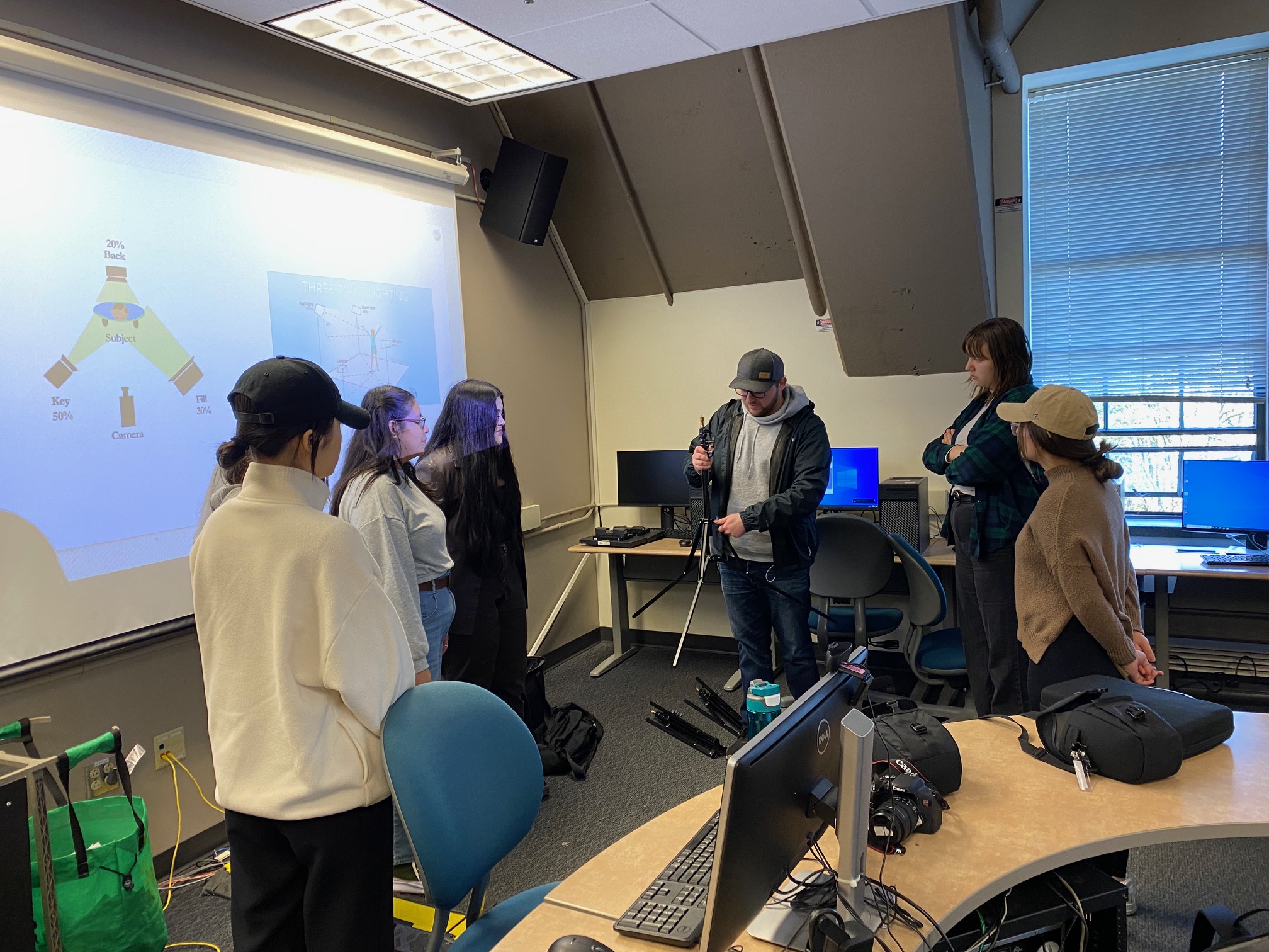 Six students watch an instructor assemble a light stand in a computer lab, with a three-point lighting diagram projected on the screen behind them.